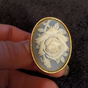 Vintage AVON Floral Cameo Brooch for scarf in blue and gold tone w/ivory rose